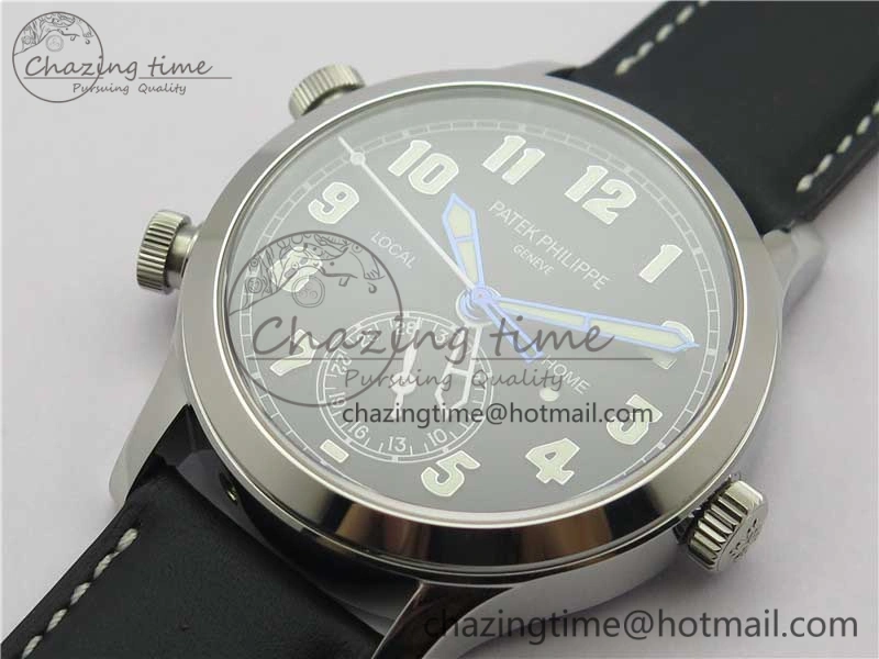 Packable Calatrava 5524 Pilot Travel Time SS GRF Black Dial on Black Leather Strap A324 V 8916