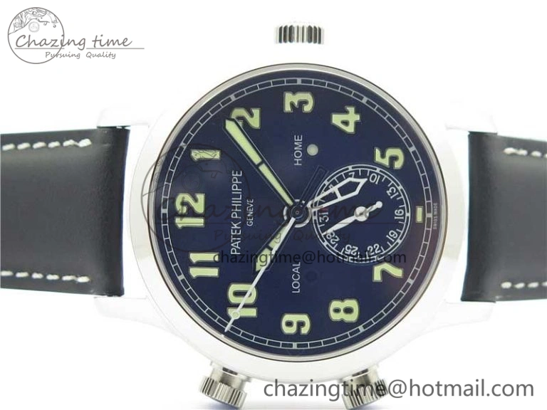 Supportive Calatrava 5524 Pilot Travel Time SS GRF Blue Dial on Black Leather Strap A324 V 8913