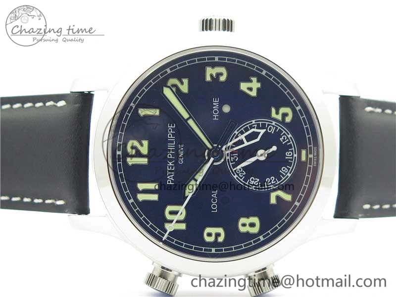 Supportive Calatrava 5524 Pilot Travel Time SS GRF Blue Dial on Black Leather Strap A324 V 8913