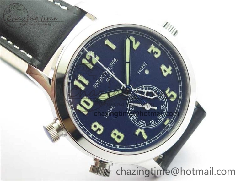 Supportive Calatrava 5524 Pilot Travel Time SS GRF Blue Dial on Black Leather Strap A324 V 8913