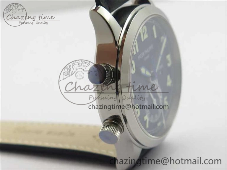 Supportive Calatrava 5524 Pilot Travel Time SS GRF Blue Dial on Black Leather Strap A324 V 8913