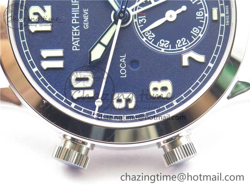 Supportive Calatrava 5524 Pilot Travel Time SS GRF Blue Dial on Black Leather Strap A324 V 8913