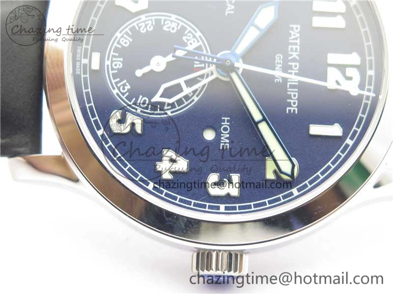 Supportive Calatrava 5524 Pilot Travel Time SS GRF Blue Dial on Black Leather Strap A324 V 8913