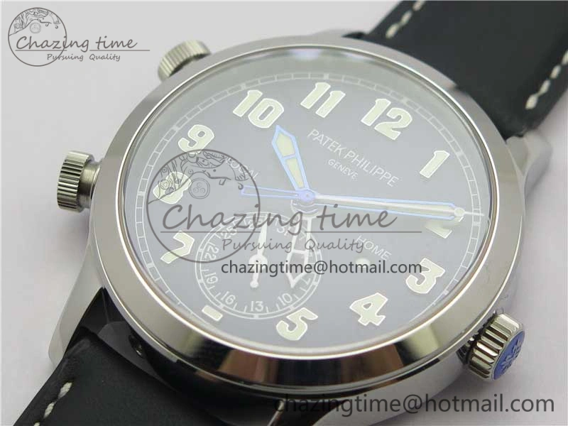 Supportive Calatrava 5524 Pilot Travel Time SS GRF Blue Dial on Black Leather Strap A324 V 8913