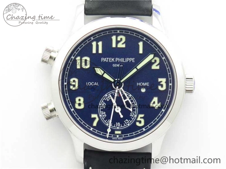 Supportive Calatrava 5524 Pilot Travel Time SS GRF Blue Dial on Black Leather Strap A324 V 8913