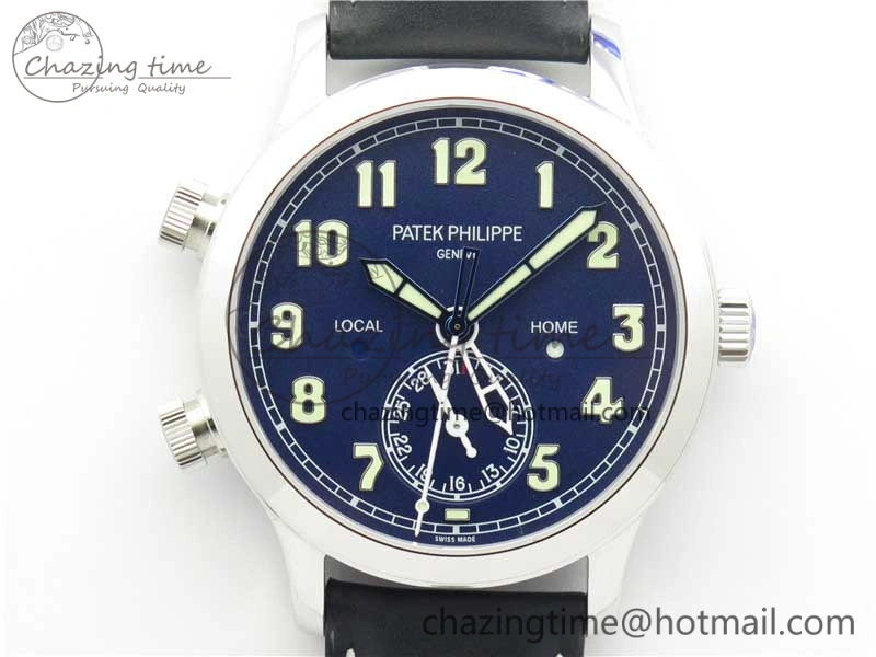 Supportive Calatrava 5524 Pilot Travel Time SS GRF Blue Dial on Black Leather Strap A324 V 8913