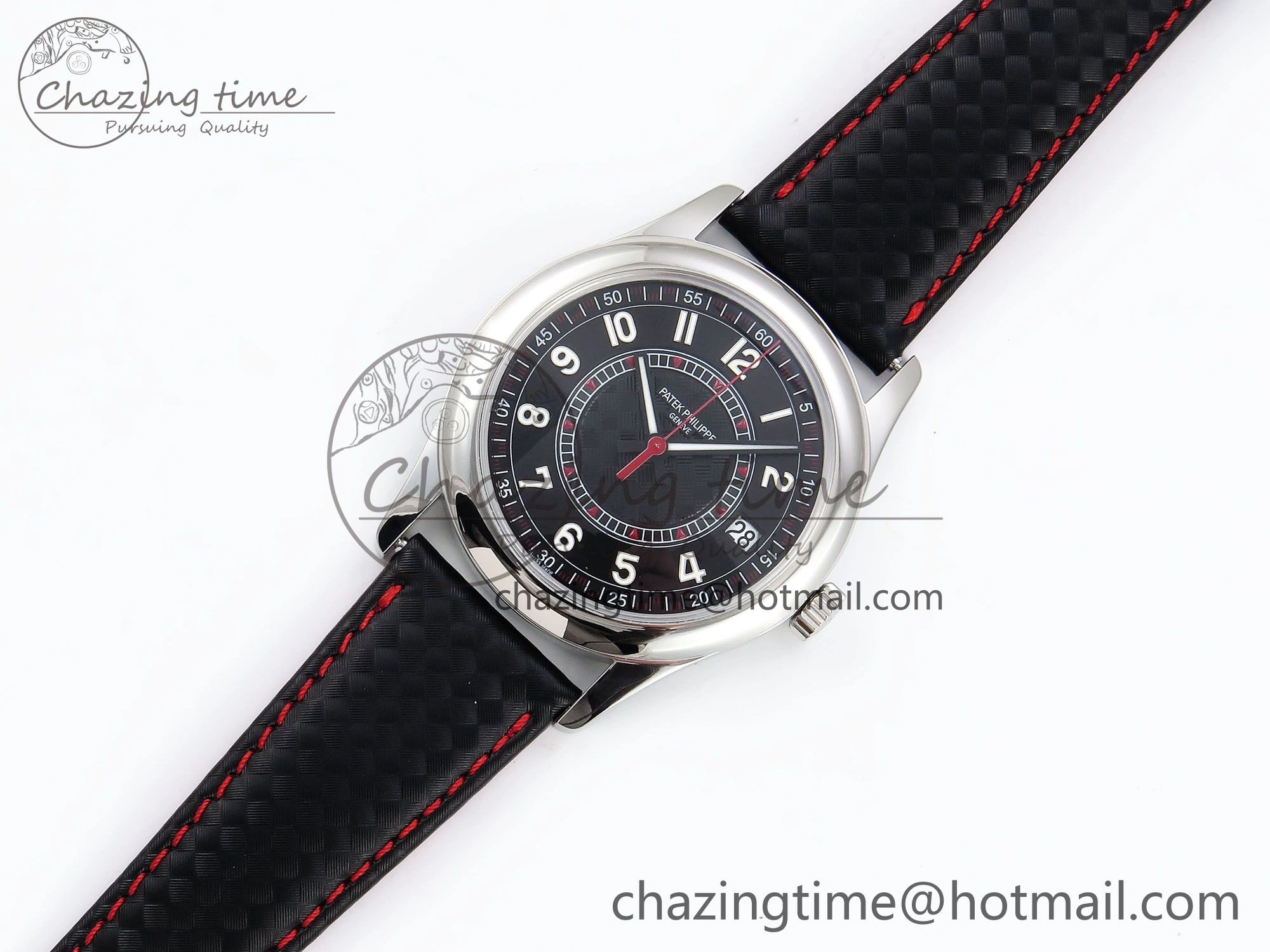 Calatrava 6007G SS PPF 1:1 Best Edition Black Red Dial on Black Leather Strap 330CS Modern 8740