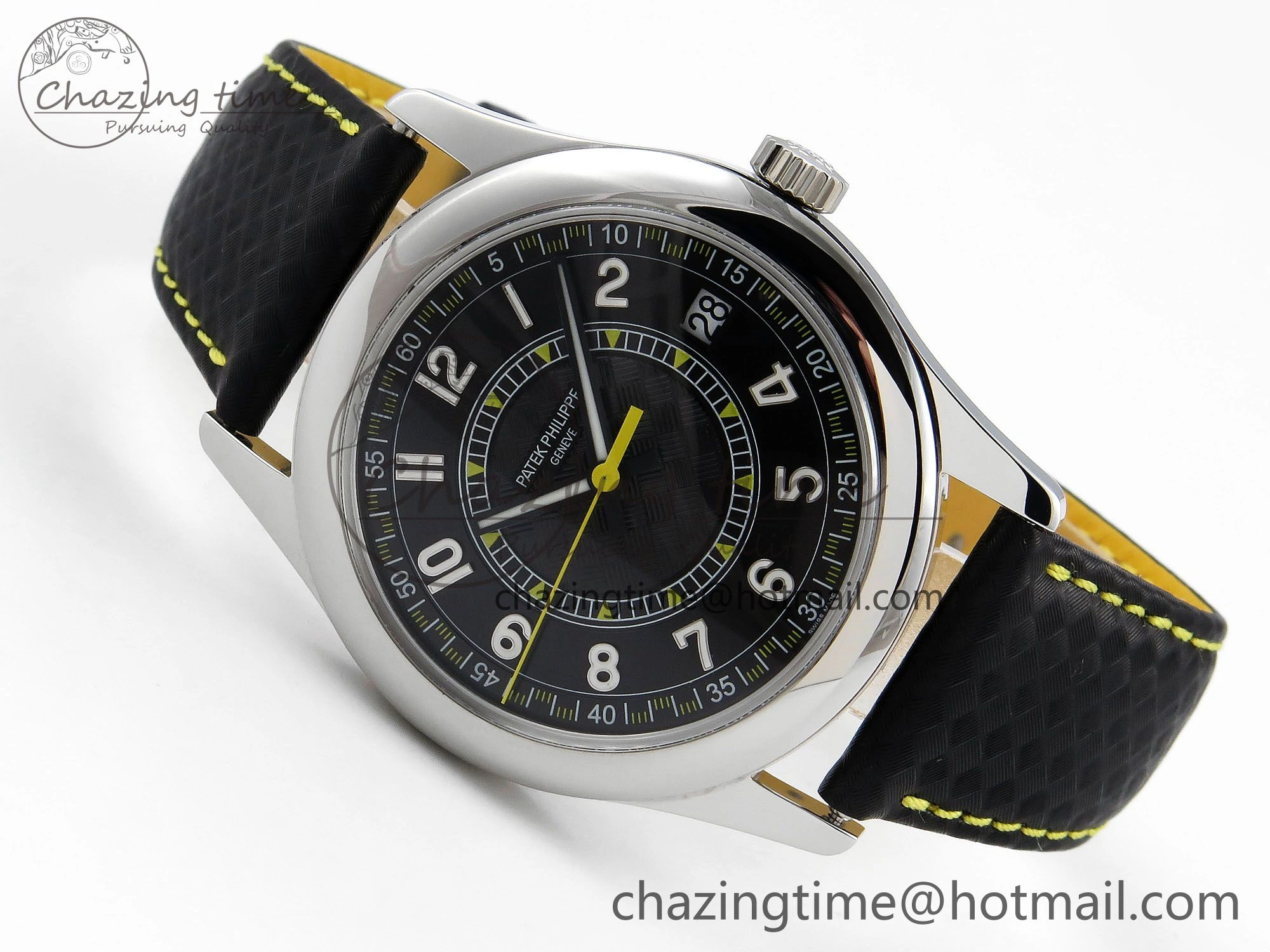 Calatrava 6007G SS PPF 1:1 Best Edition Black Yellow Dial on Black Leather Strap 330CS Fashionable 8738