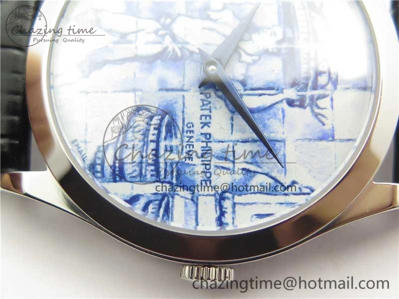 Calatrava Azulejos SS 5089G-61 FL Enamel Dial on Black Leather Strap WrinkleFree 8964