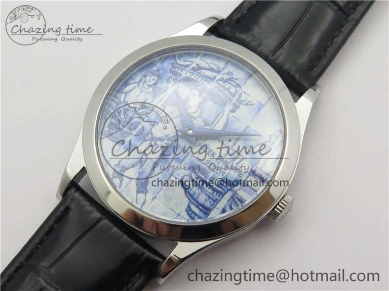 Calatrava Azulejos SS 5089G-61 FL Enamel Dial on Black Leather Strap WrinkleFree 8964