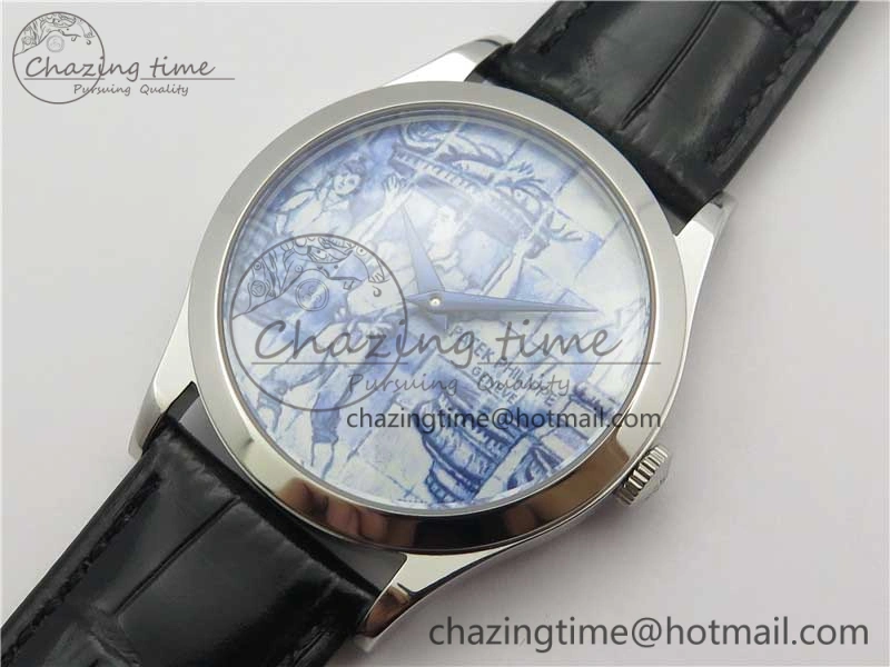 Calatrava Azulejos SS 5089G-61 FL Enamel Dial on Black Leather Strap WrinkleFree 8964