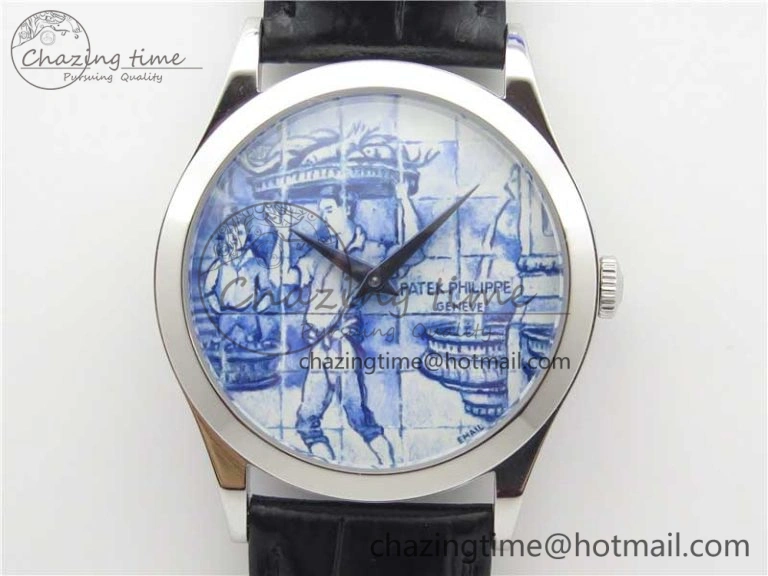 Calatrava Azulejos SS 5089G-61 FL Enamel Dial on Black Leather Strap WrinkleFree 8964