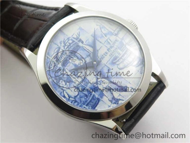 Calatrava Azulejos SS 5089G-61 FL Enamel Dial on Black Leather Strap WrinkleFree 8964