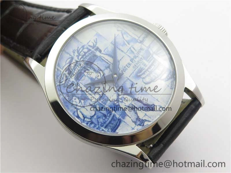 Calatrava Azulejos SS 5089G-61 FL Enamel Dial on Black Leather Strap WrinkleFree 8964