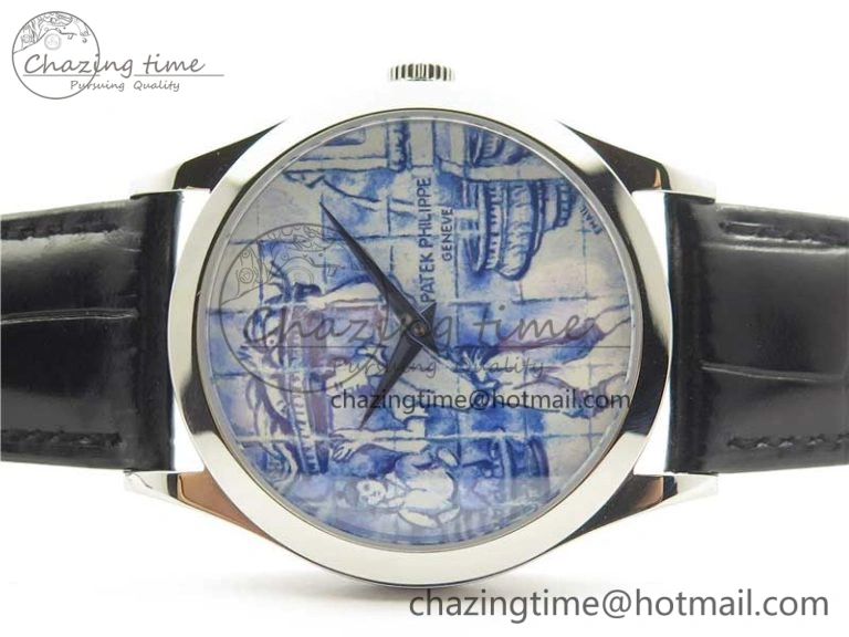 Calatrava Azulejos SS 5089G-61 FL Enamel Dial on Black Leather Strap WrinkleFree 8964