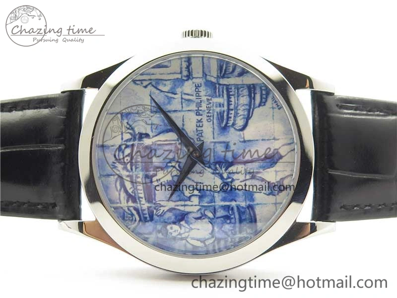 Calatrava Azulejos SS 5089G-61 FL Enamel Dial on Black Leather Strap WrinkleFree 8964
