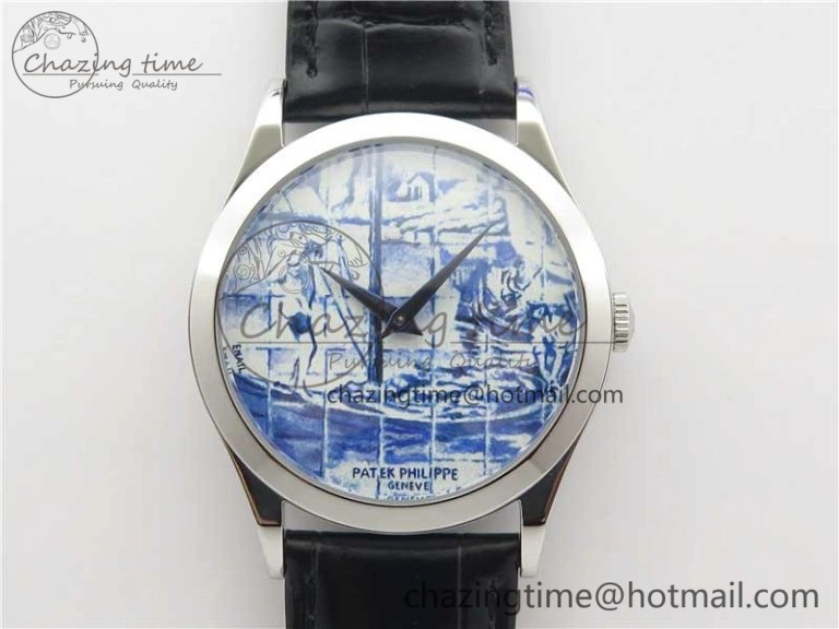 Calatrava Azulejos SS 5089G-62 FL Enamel Dial on Black Leather Strap OdorResistant 8961