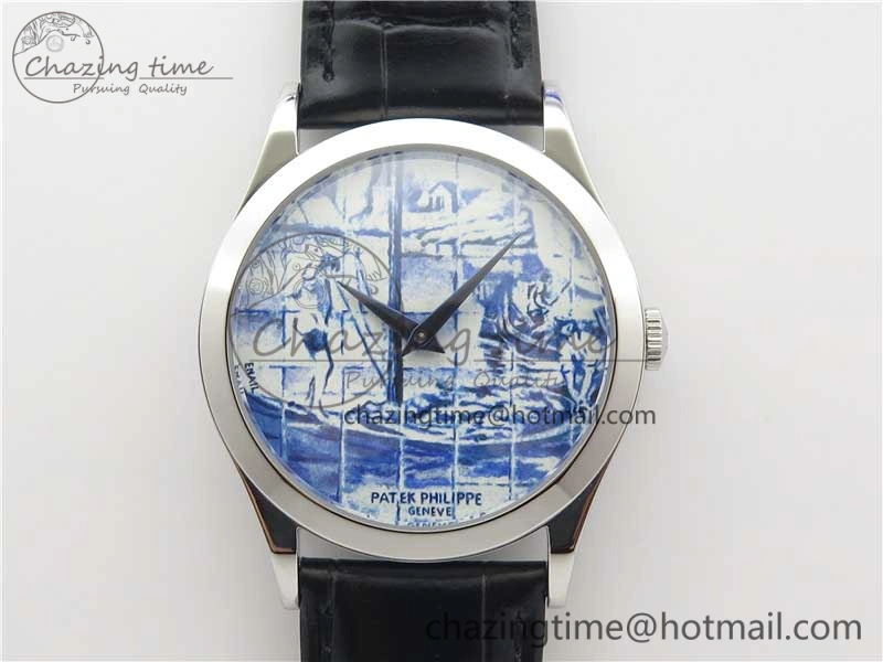 Calatrava Azulejos SS 5089G-62 FL Enamel Dial on Black Leather Strap OdorResistant 8961