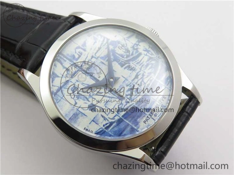 Calatrava Azulejos SS 5089G-62 FL Enamel Dial on Black Leather Strap OdorResistant 8961