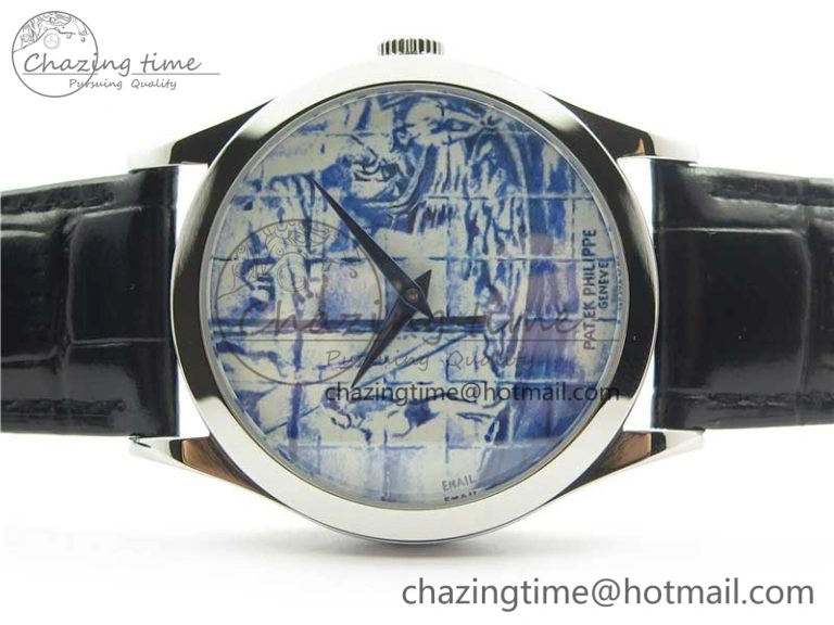 Calatrava Azulejos SS 5089G-62 FL Enamel Dial on Black Leather Strap OdorResistant 8961