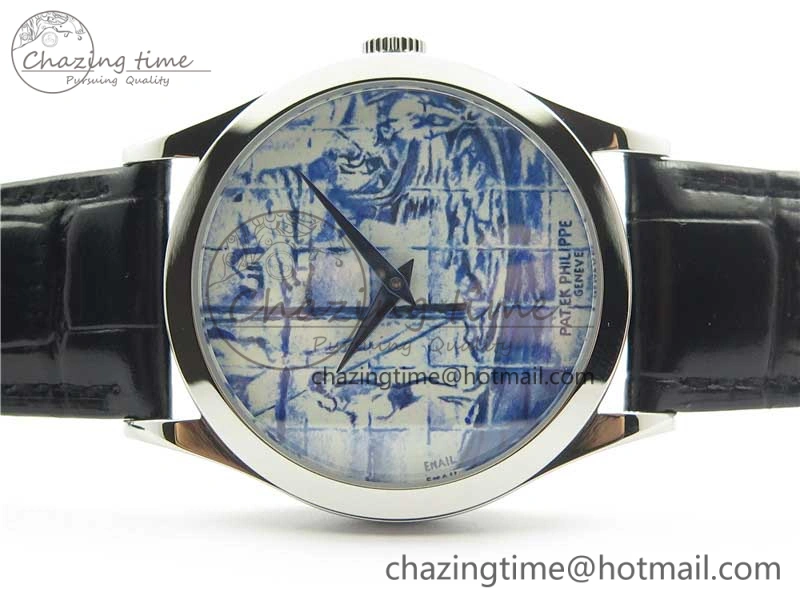 Calatrava Azulejos SS 5089G-62 FL Enamel Dial on Black Leather Strap OdorResistant 8961