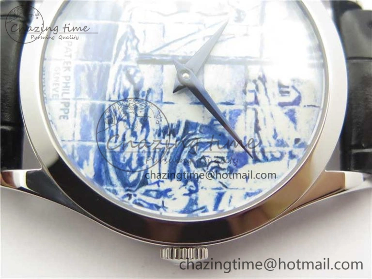 Calatrava Azulejos SS 5089G-62 FL Enamel Dial on Black Leather Strap OdorResistant 8961