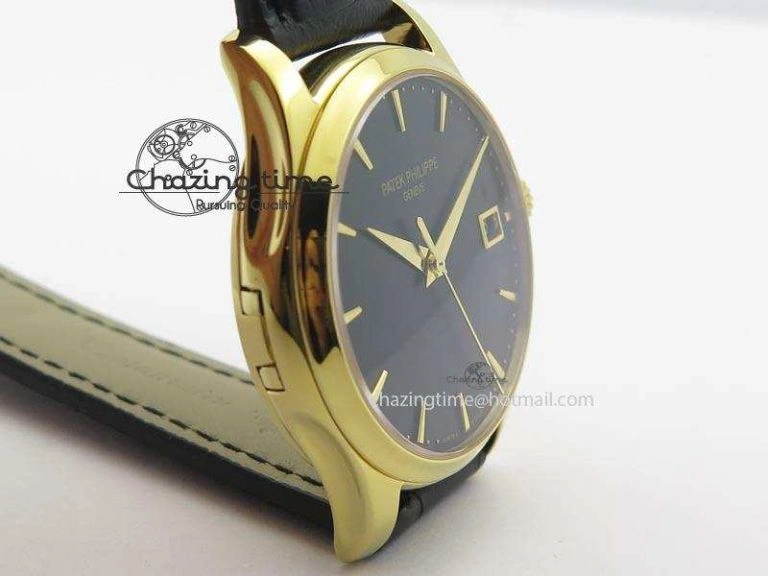 Soft Calatrava Officer YG Bp Maker Best Edition Black Dial On Black Leather Strap MIYOTA 9088