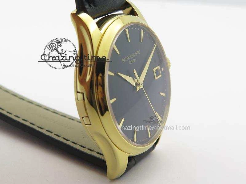 Soft Calatrava Officer YG Bp Maker Best Edition Black Dial On Black Leather Strap MIYOTA 9088