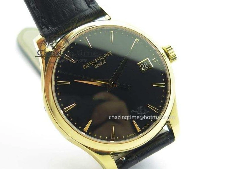 Soft Calatrava Officer YG Bp Maker Best Edition Black Dial On Black Leather Strap MIYOTA 9088