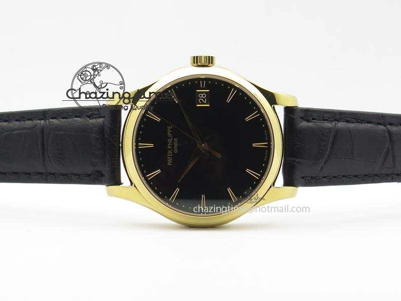 Soft Calatrava Officer YG Bp Maker Best Edition Black Dial On Black Leather Strap MIYOTA 9088