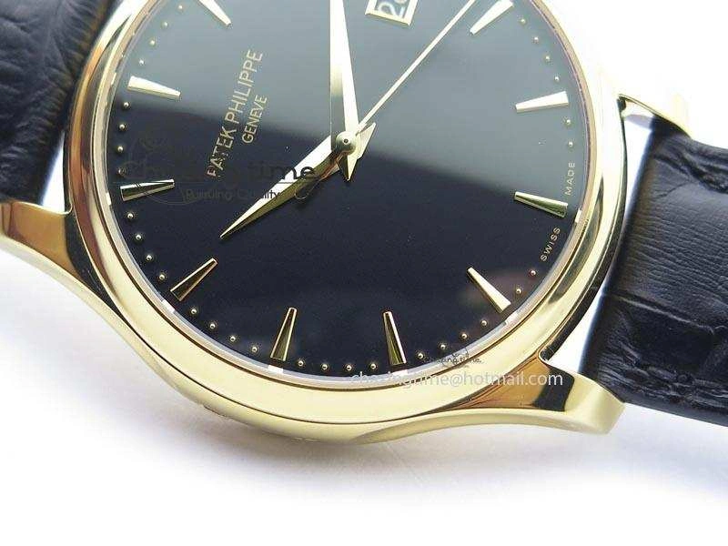 Soft Calatrava Officer YG Bp Maker Best Edition Black Dial On Black Leather Strap MIYOTA 9088