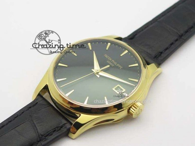 Soft Calatrava Officer YG Bp Maker Best Edition Black Dial On Black Leather Strap MIYOTA 9088