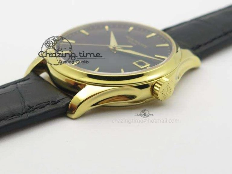 Soft Calatrava Officer YG Bp Maker Best Edition Black Dial On Black Leather Strap MIYOTA 9088