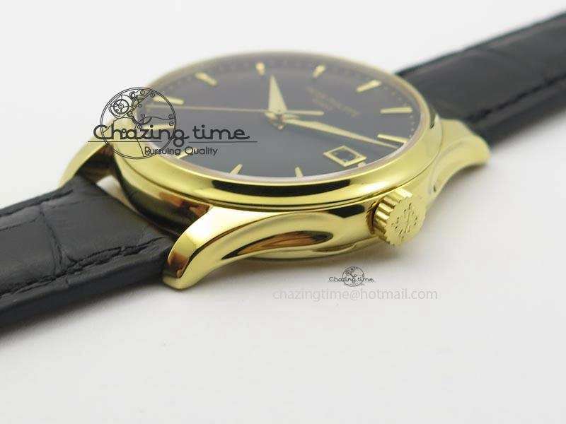 Soft Calatrava Officer YG Bp Maker Best Edition Black Dial On Black Leather Strap MIYOTA 9088