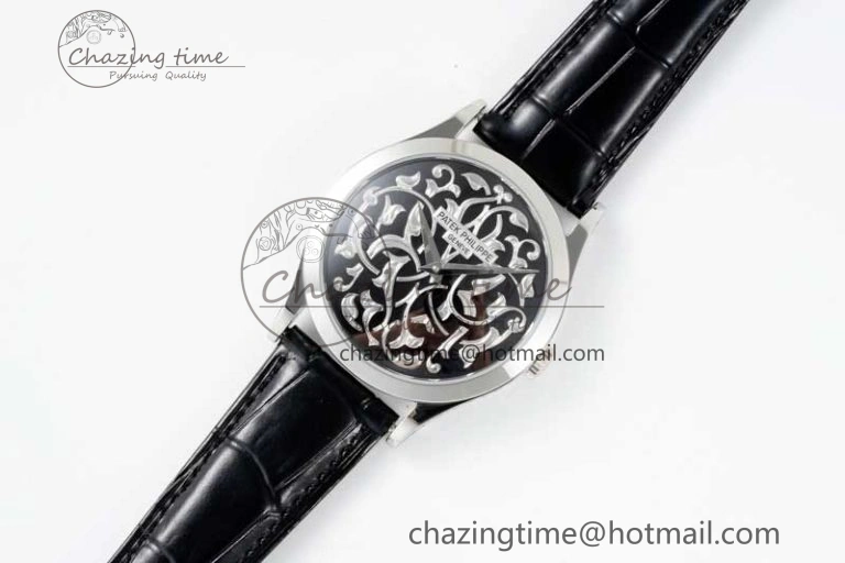 Calatrava SS FLF Best Edition Black Silver Dial Style 1 on Black Leather Strap A240 (Micro Rotor) WaterResistant 8830
