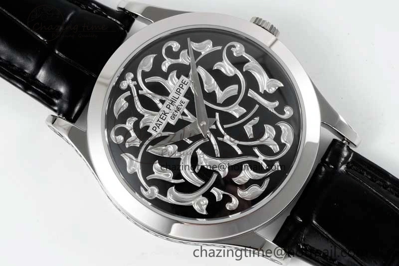 Calatrava SS FLF Best Edition Black Silver Dial Style 1 on Black Leather Strap A240 (Micro Rotor) WaterResistant 8830