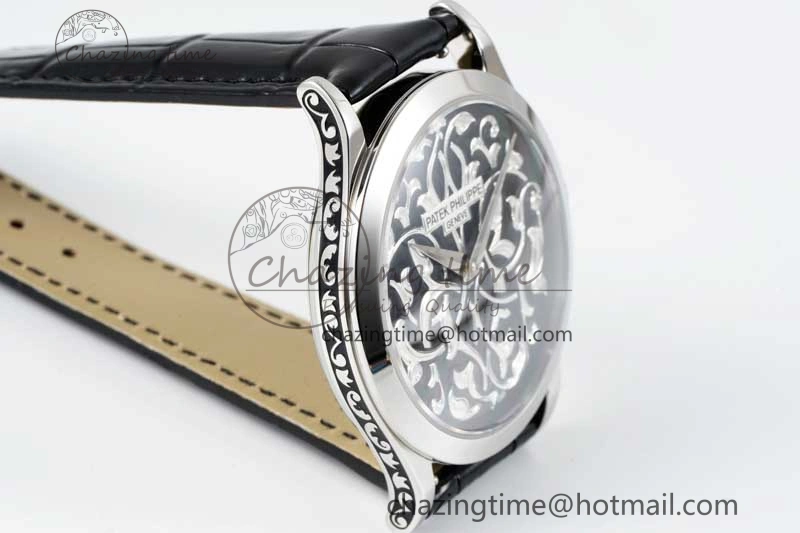 Calatrava SS FLF Best Edition Black Silver Dial Style 1 on Black Leather Strap A240 (Micro Rotor) WaterResistant 8830