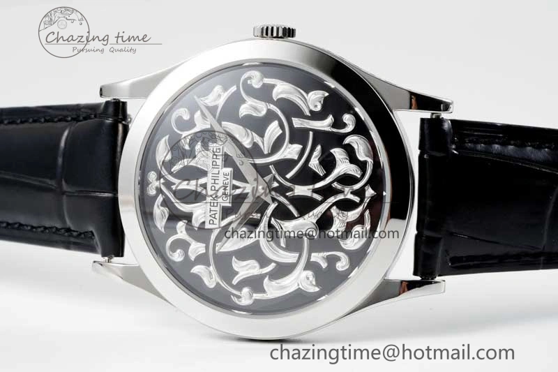 Calatrava SS FLF Best Edition Black Silver Dial Style 1 on Black Leather Strap A240 (Micro Rotor) WaterResistant 8830