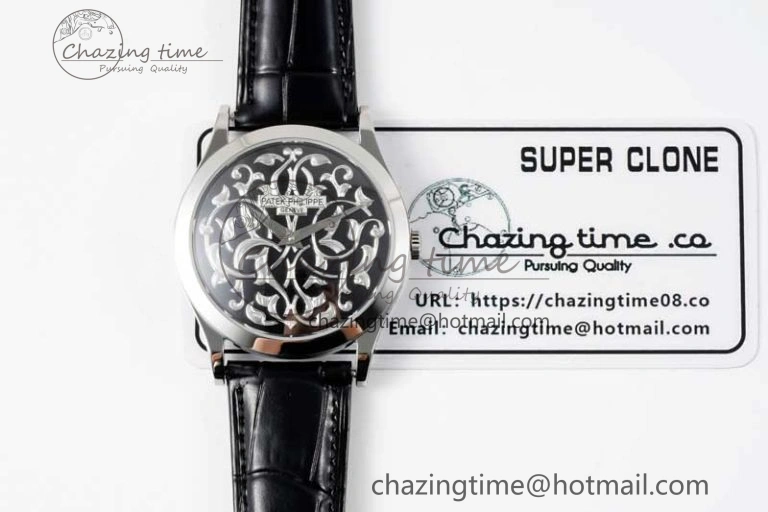 Calatrava SS FLF Best Edition Black Silver Dial Style 1 on Black Leather Strap A240 (Micro Rotor) WaterResistant 8830