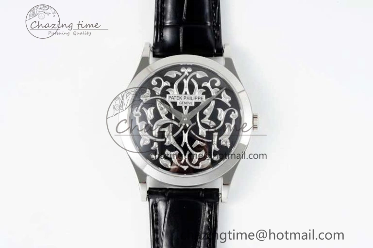 Calatrava SS FLF Best Edition Black Silver Dial Style 1 on Black Leather Strap A240 (Micro Rotor) WaterResistant 8830