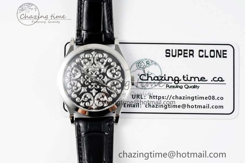 Calatrava SS FLF Best Edition Black Silver Dial Style 2 on Black Leather Strap A240 (Micro Rotor) Fashionable 8829