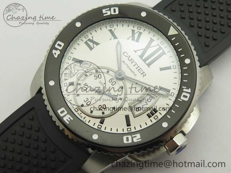 ZeroBulk Calibre De Cartier Diver Black JF 1:1 Best Edition White Dial On Black Rubber Strap A23J 6227