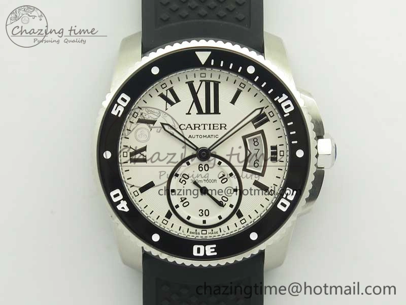 ZeroBulk Calibre De Cartier Diver Black JF 1:1 Best Edition White Dial On Black Rubber Strap A23J 6227