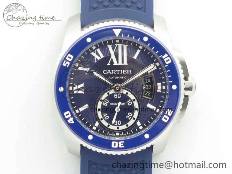 Trendy Calibre De Cartier Diver Blue JF 1:1 Best Edition On Blue Rubber Strap A23J 6246