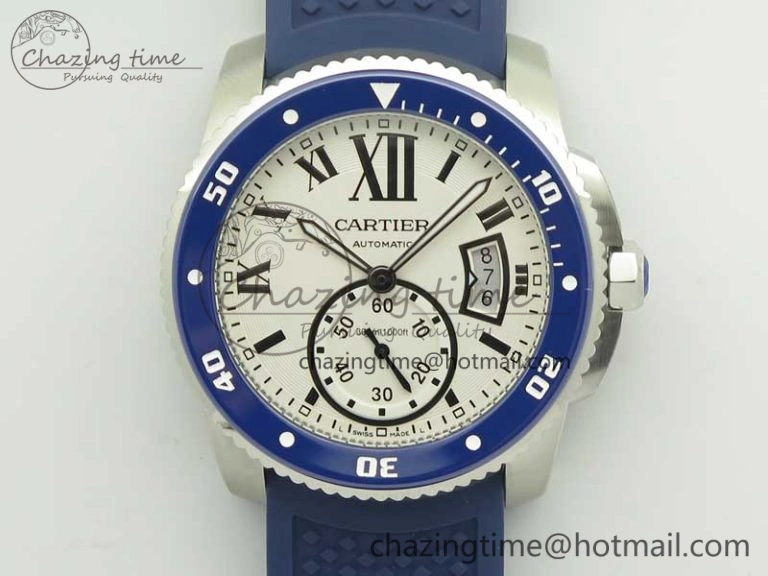 Calibre De Cartier Diver Blue JF 1:1 Best Edition White Dial On Blue Rubber Strap A23J Colorful 6225