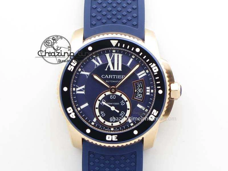 NewStyle Calibre De Cartier Diver Blue RG TF 1:1 Best Edition On Blue Rubber Strap A23J 6320