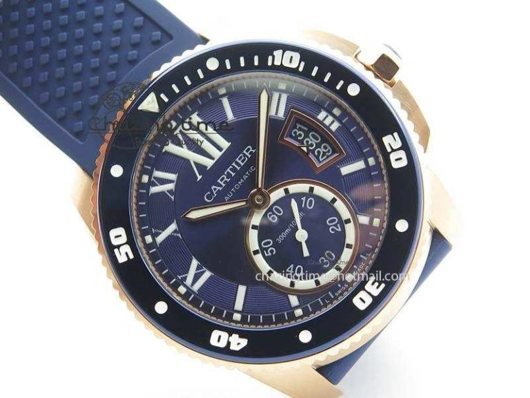NewStyle Calibre De Cartier Diver Blue RG TF 1:1 Best Edition On Blue Rubber Strap A23J 6320