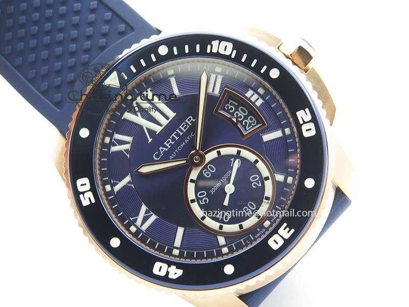 NewStyle Calibre De Cartier Diver Blue RG TF 1:1 Best Edition On Blue Rubber Strap A23J 6320