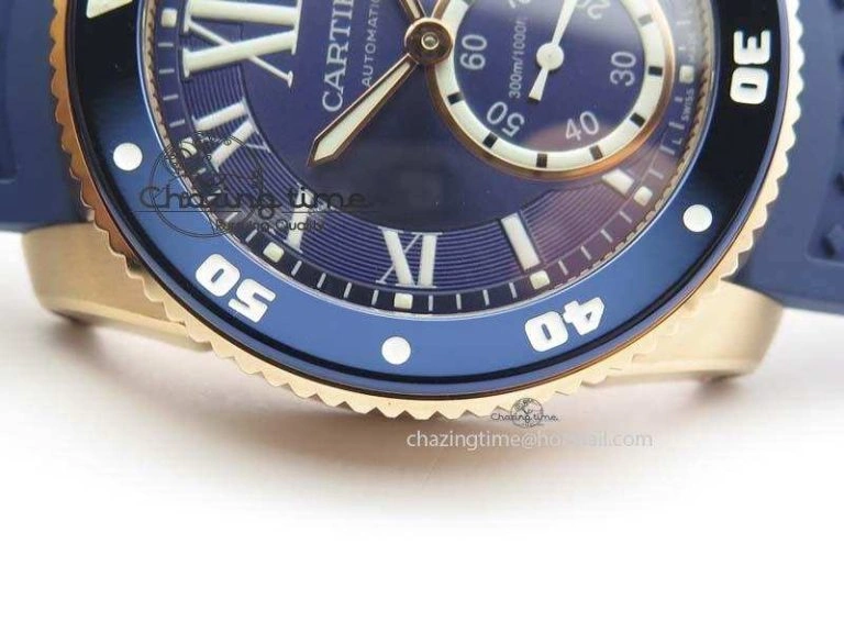 NewStyle Calibre De Cartier Diver Blue RG TF 1:1 Best Edition On Blue Rubber Strap A23J 6320