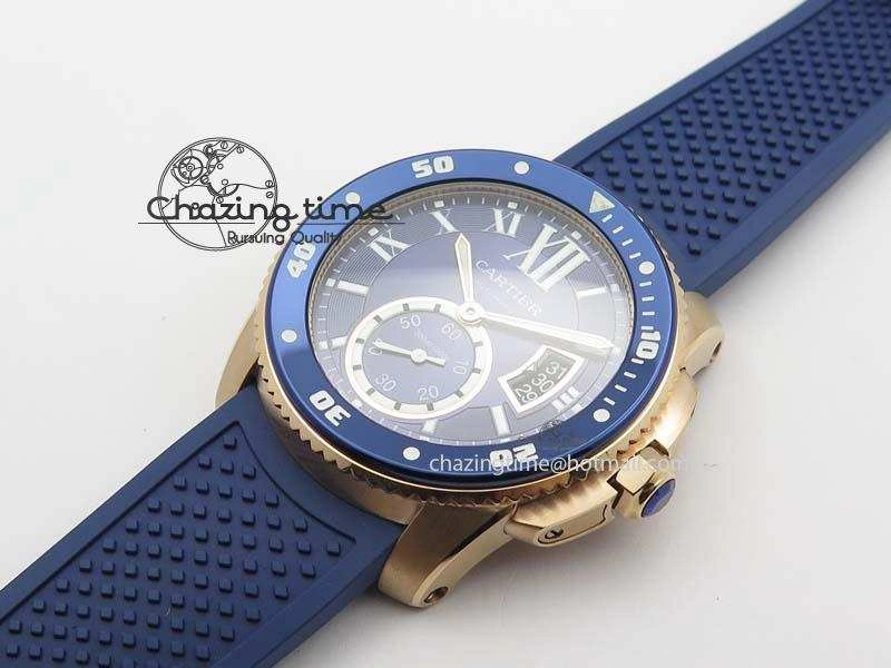 NewStyle Calibre De Cartier Diver Blue RG TF 1:1 Best Edition On Blue Rubber Strap A23J 6320